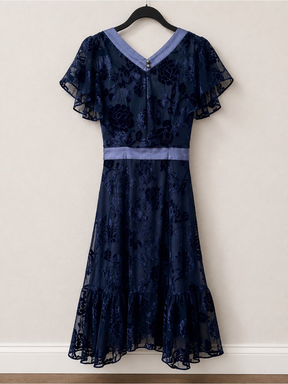 Wear Mena NWT Blue Velvet Burnout Floral Chiffon Midi Dress Size 4 - Picture 3 of 11